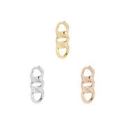 14ct gold threadless piercing end formed from three polished chain links in a vertical arrangement, shown in yellow, white, and rose gold.”