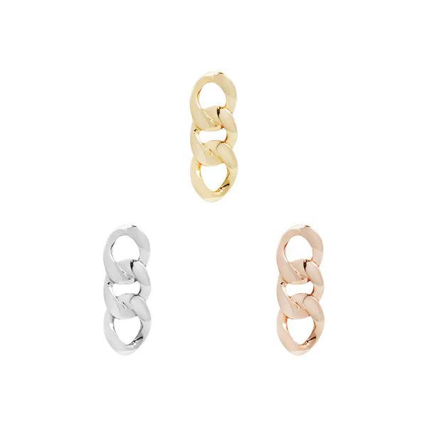 14ct gold threadless piercing end formed from three polished chain links in a vertical arrangement, shown in yellow, white, and rose gold.”