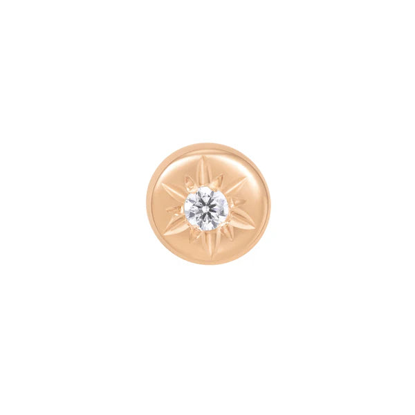 14ct gold threadless piercing end with a round cubic zirconia set in a smooth disc with subtle starburst detailing, shown in yellow, white, and rose gold