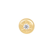 14ct gold threadless piercing end with a round cubic zirconia set in a smooth disc with subtle starburst detailing, shown in yellow, white, and rose gold.