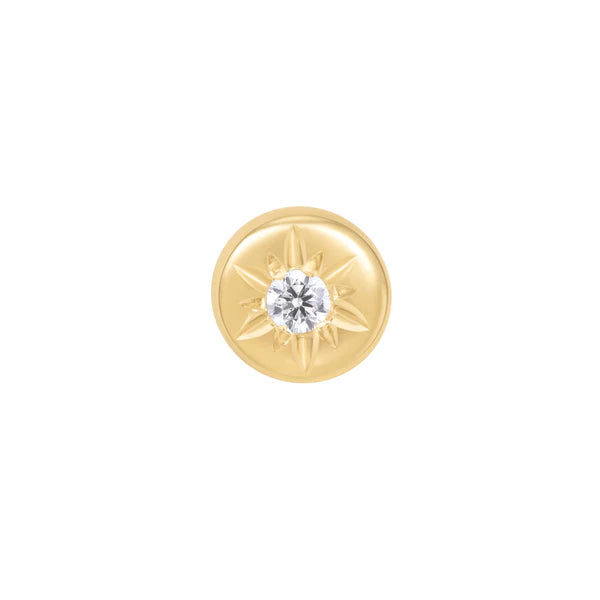 14ct gold threadless piercing end with a round cubic zirconia set in a smooth disc with subtle starburst detailing, shown in yellow, white, and rose gold.